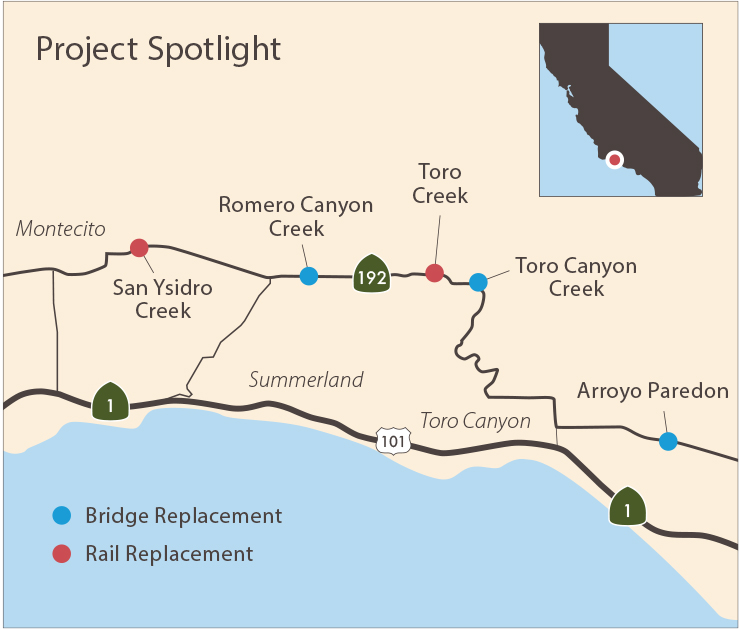 Graphic map showing the area of Route 192 where four bridges were rebuilt or reconstructed.